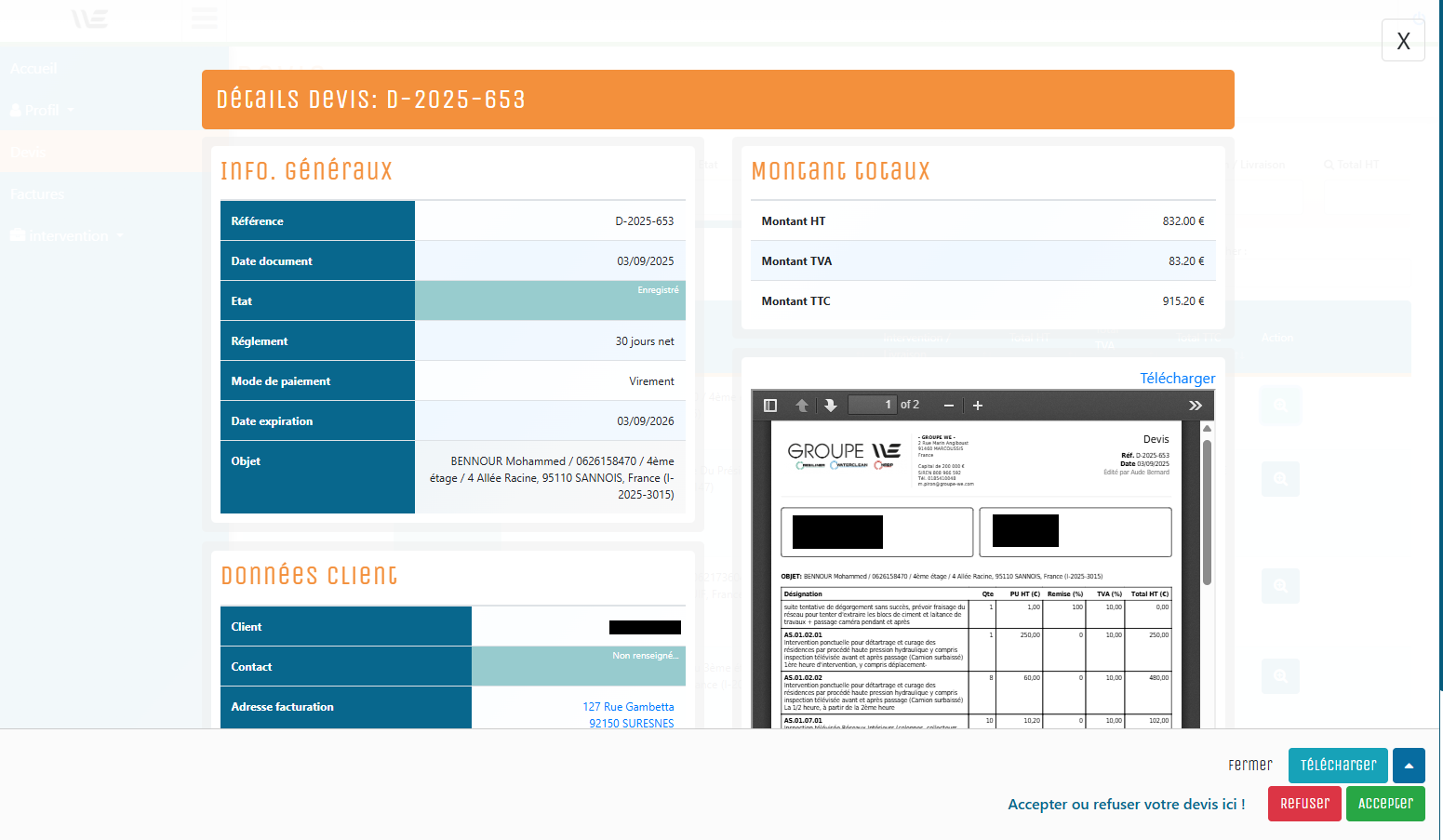 Vue détaillée d’un devis