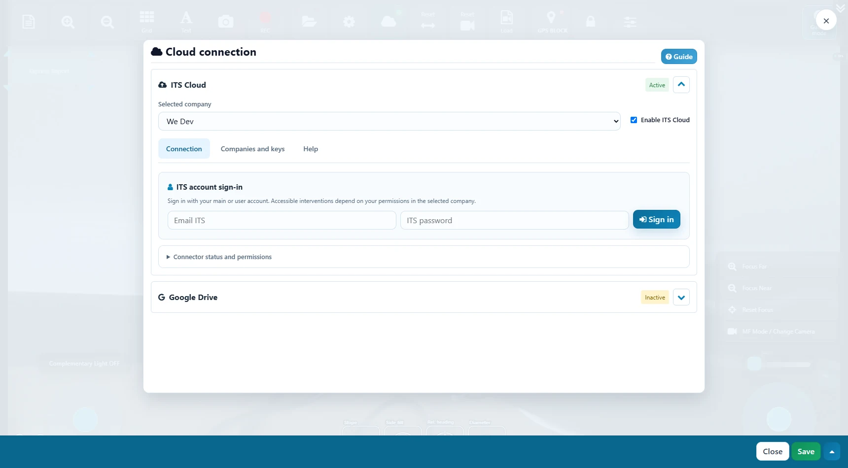 Fenêtre de connexion cloud avec ITS Cloud et Google Drive