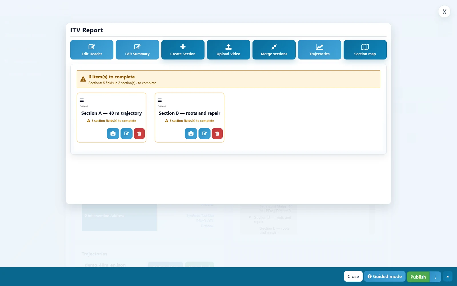Éditeur ITS Report avec actions d’en-tête, création de tronçon, trajectoires et carte