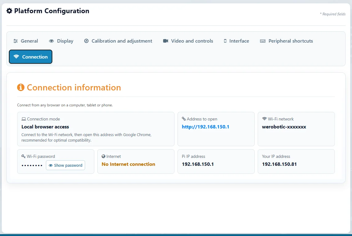 Onglet Connexion indiquant adresse locale, Wi-Fi et Internet
