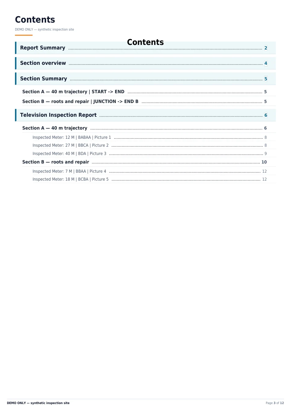 Page 3 sur 12 du rapport ITV de démonstration en anglais