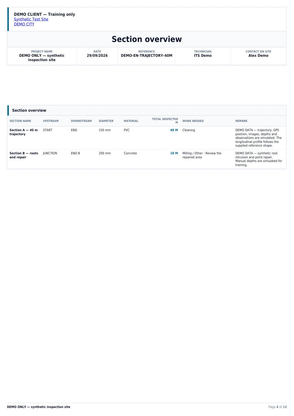 Page 4 sur 12 du rapport ITV de démonstration en anglais
